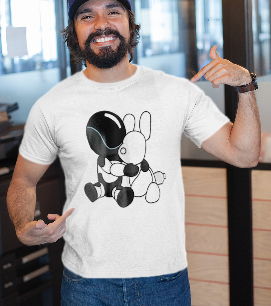Cartoon Robot Embracing White Bunny Plush Toy T-Shirt