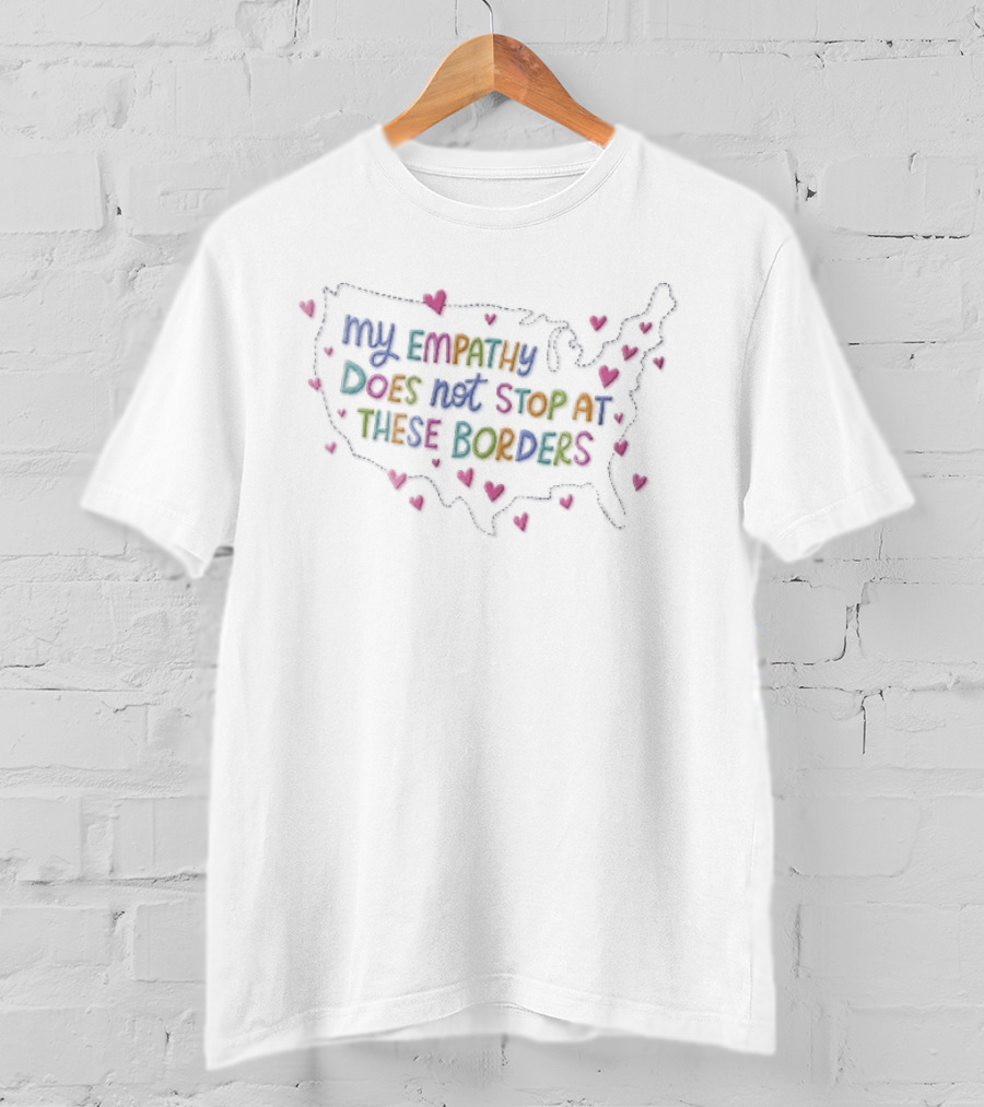 My Empathy Does Not Stop At These Borders USA Map With Dashed Pink Hearts Pastel T-Shirt