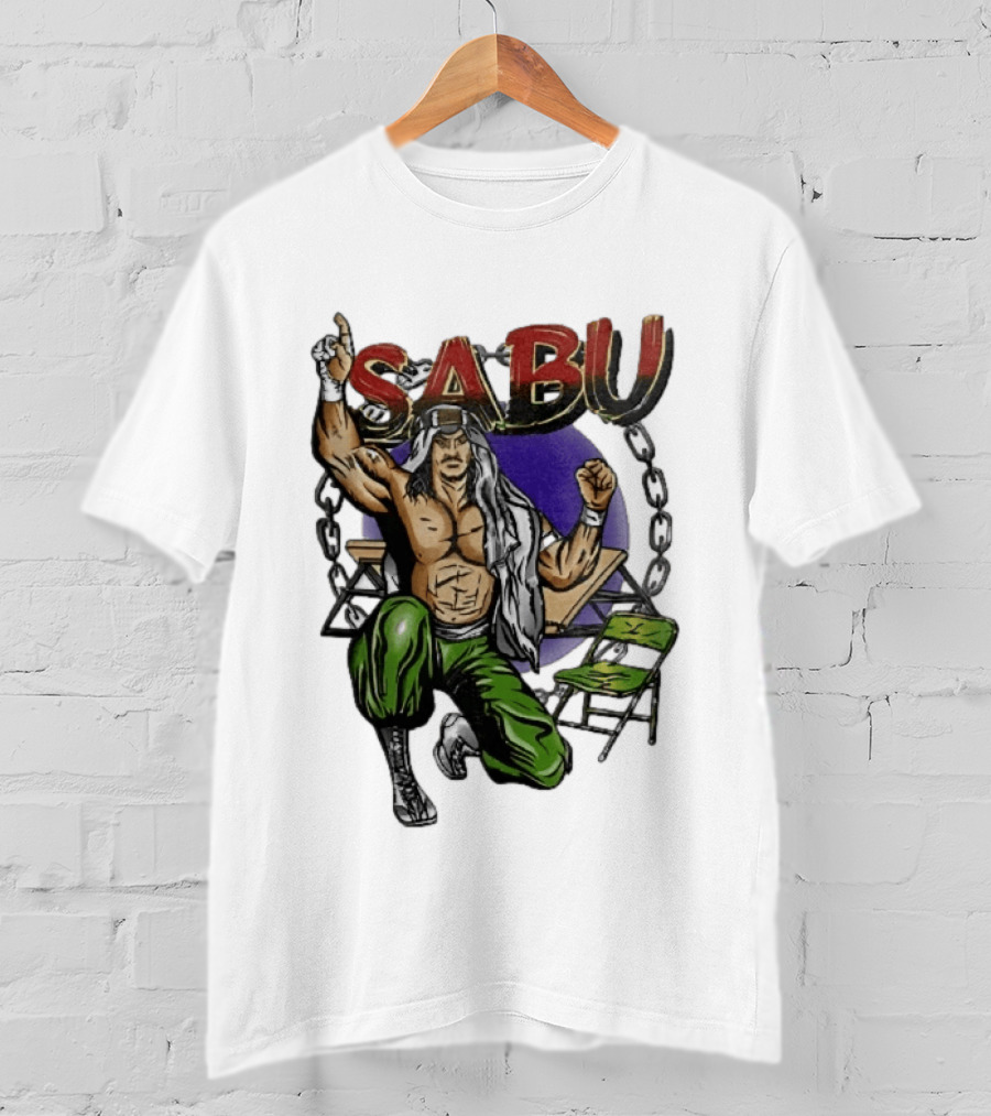 Sabu Terry Brunk Cartoon Kneeling Pose Green Chair Wooden Table Chains T-Shirt