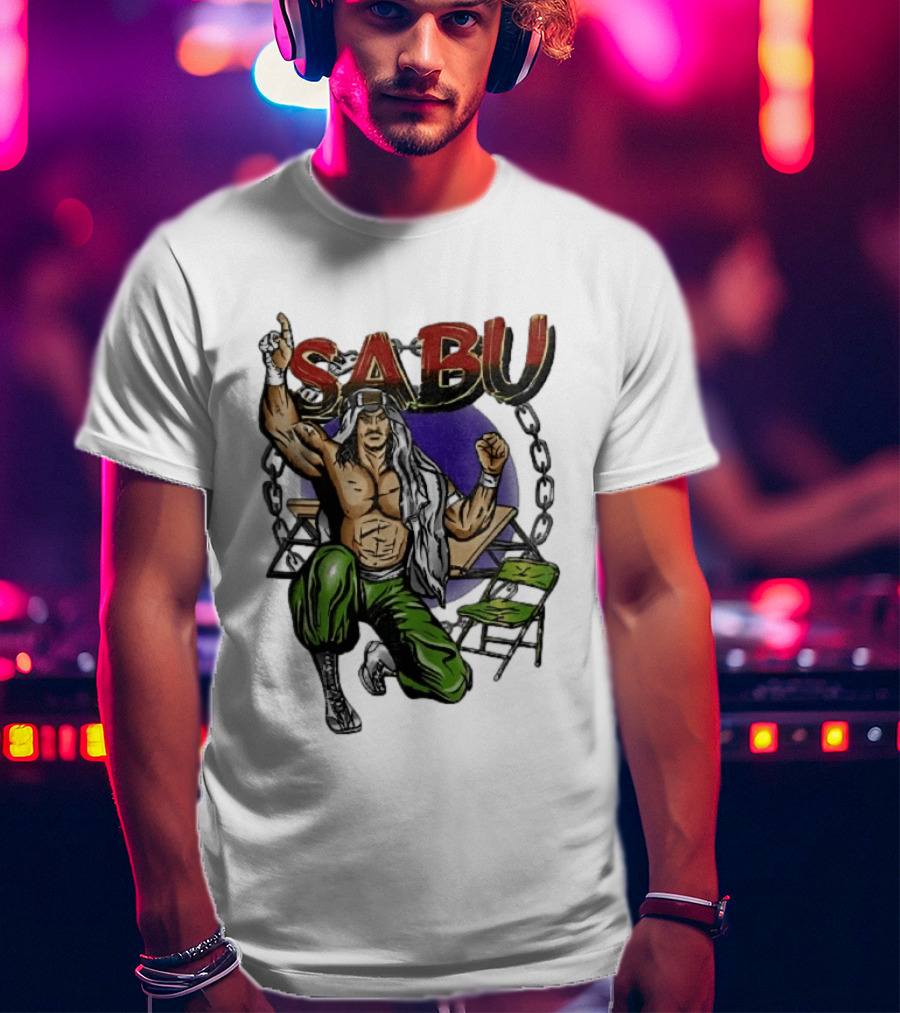 Sabu Terry Brunk Cartoon Kneeling Pose Green Chair Wooden Table Chains T-Shirt