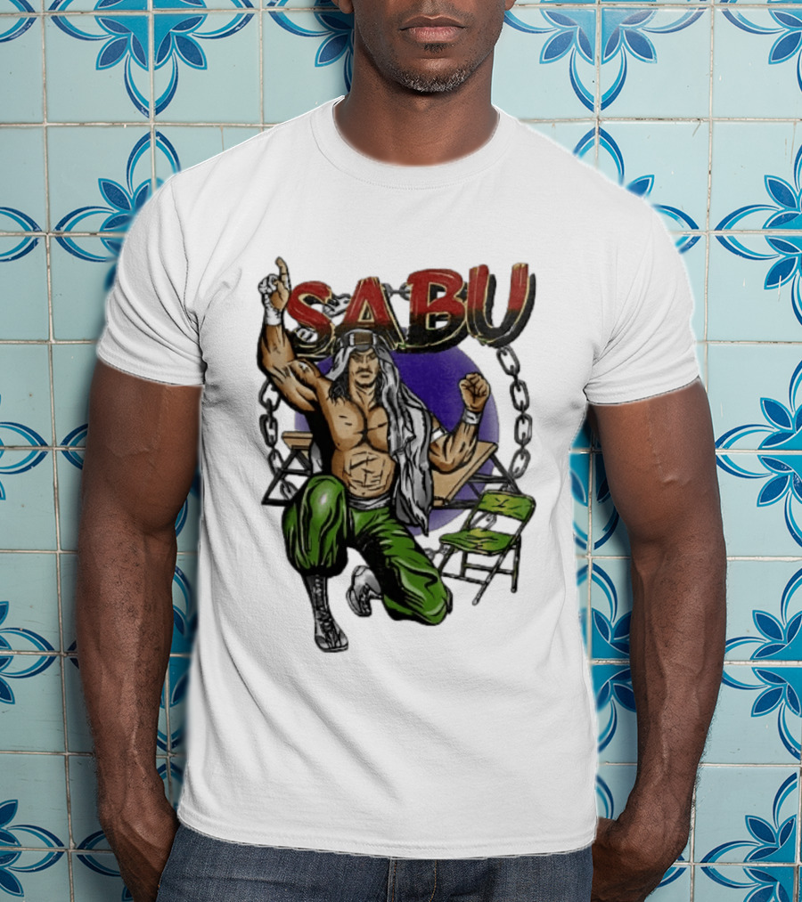 Sabu Terry Brunk Cartoon Kneeling Pose Green Chair Wooden Table Chains T-Shirt