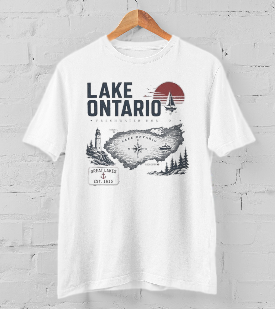 Lake Ontario Rochester Great Lakes Est 1615 Vintage Scenic Sunset License Plate Anchored Sailboat Lighthouse T-Shirt