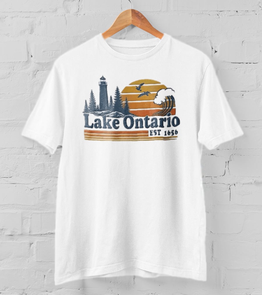 Lake Ontario Est 1656 Sunset Lighthouse Pine Trees Wave Scene T-Shirt