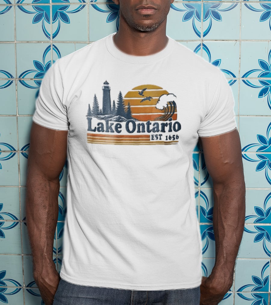 Lake Ontario Est 1656 Sunset Lighthouse Pine Trees Wave Scene T-Shirt