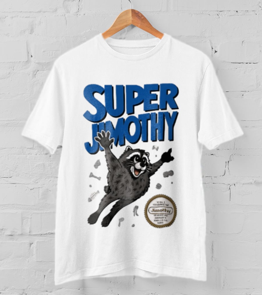 Super Jimothy Cartoon Flying Raccoon Trash Scraps Gold Seal T-Shirt