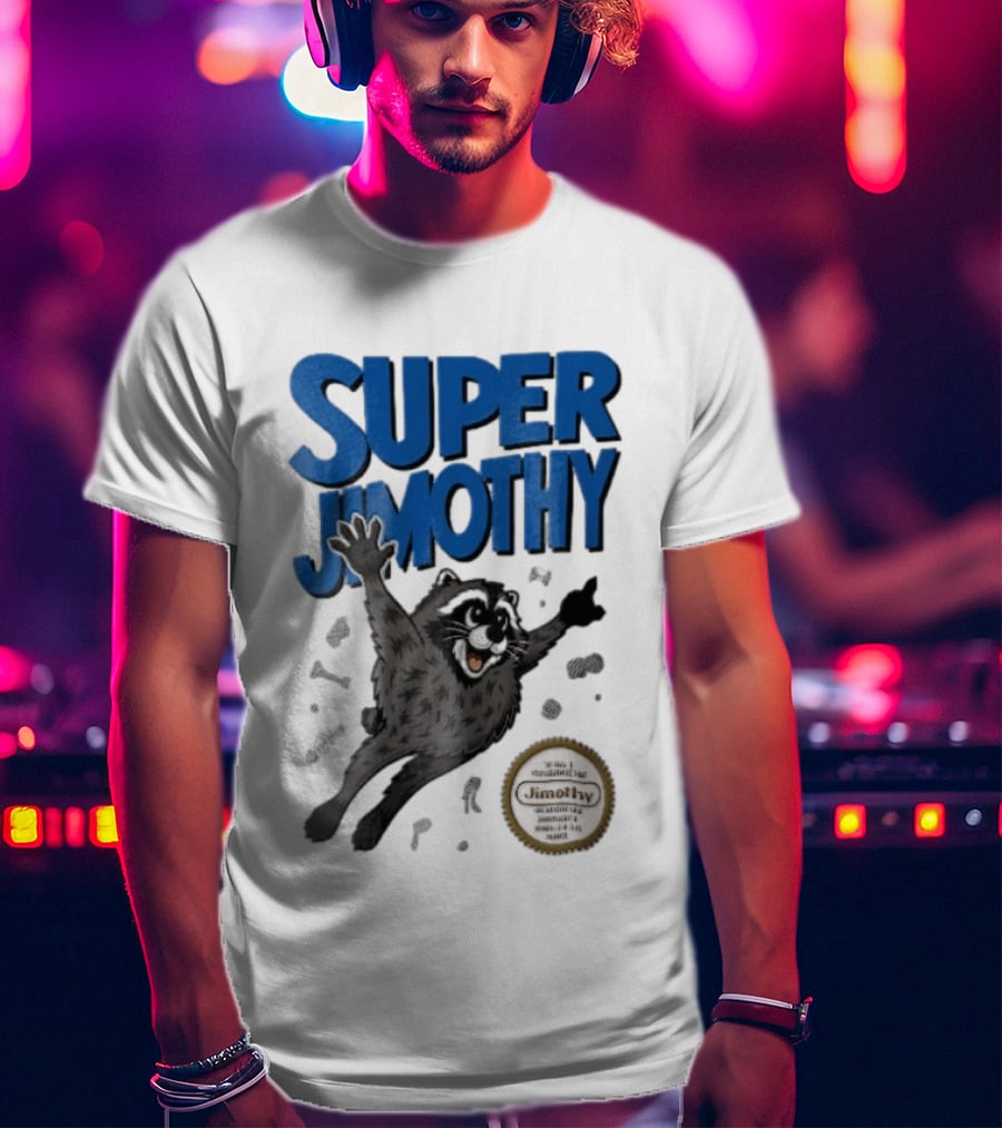 Super Jimothy Cartoon Flying Raccoon Trash Scraps Gold Seal T-Shirt