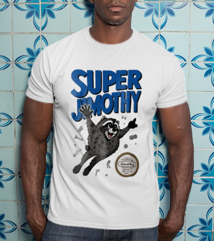 Super Jimothy Cartoon Flying Raccoon Trash Scraps Gold Seal T-Shirt