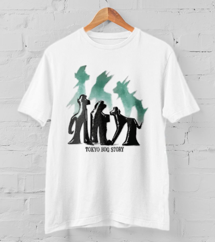 Tokyo Bug Story Glossy Black Figures Green Watercolor Shadows T-Shirt