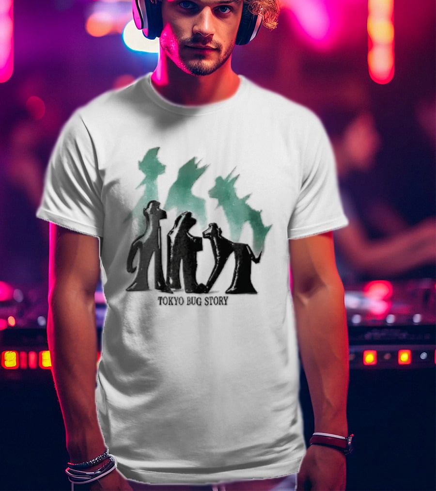 Tokyo Bug Story Glossy Black Figures Green Watercolor Shadows T-Shirt