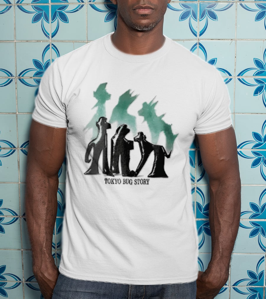 Tokyo Bug Story Glossy Black Figures Green Watercolor Shadows T-Shirt