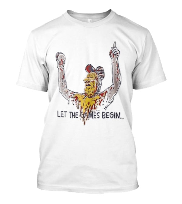 Let The Games Begin Caricature Beard Sunglasses Dripping Mustard Ketchup Line Arms Raised T-Shirt