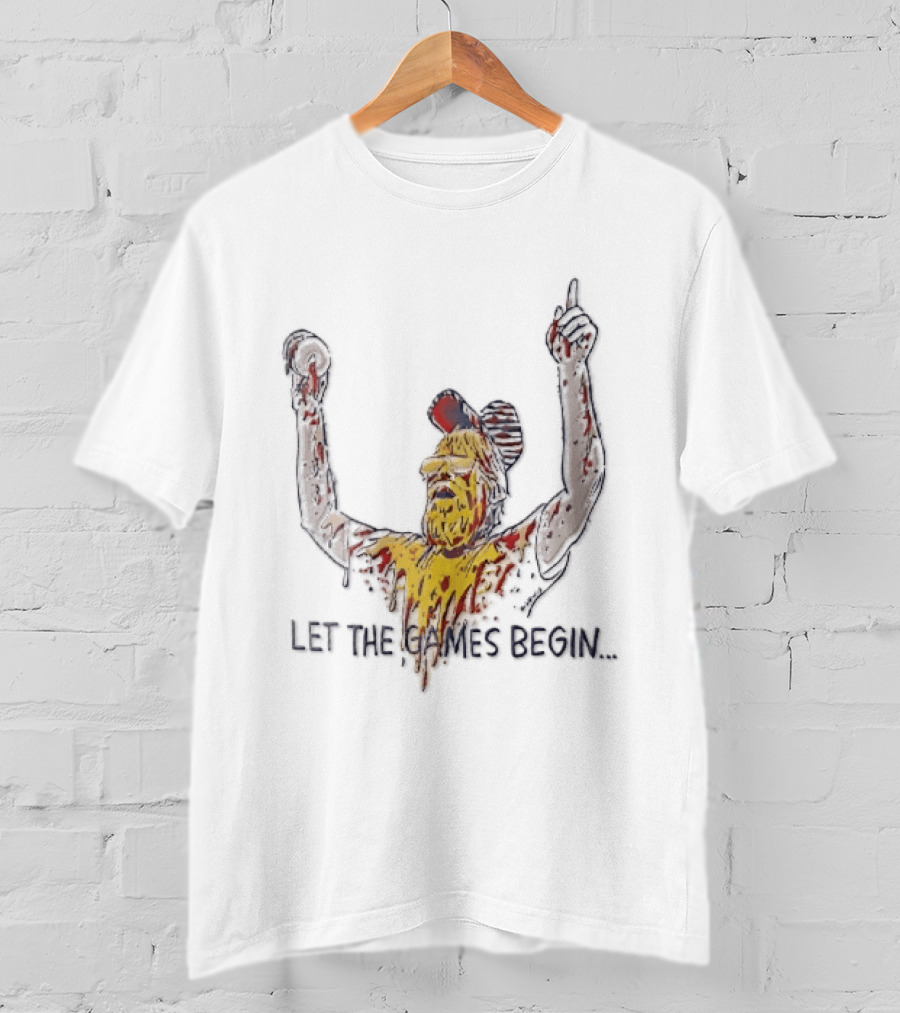 Let The Games Begin Caricature Beard Sunglasses Dripping Mustard Ketchup Line Arms Raised T-Shirt