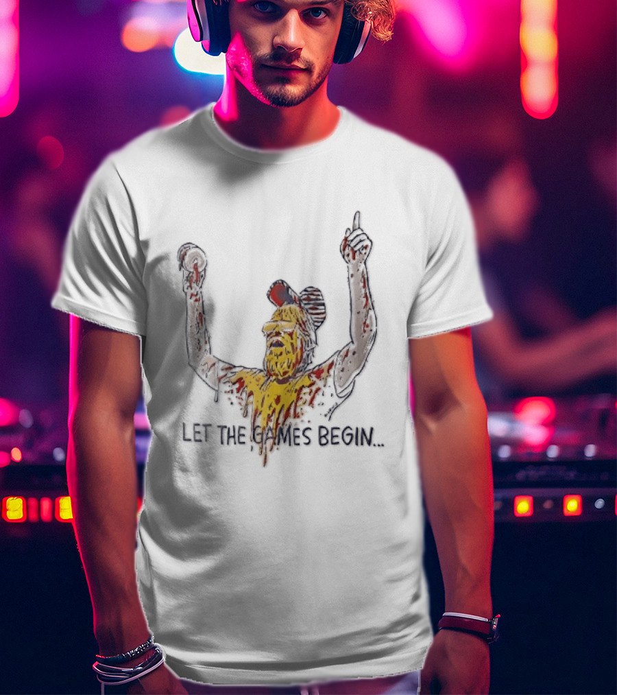Let The Games Begin Caricature Beard Sunglasses Dripping Mustard Ketchup Line Arms Raised T-Shirt