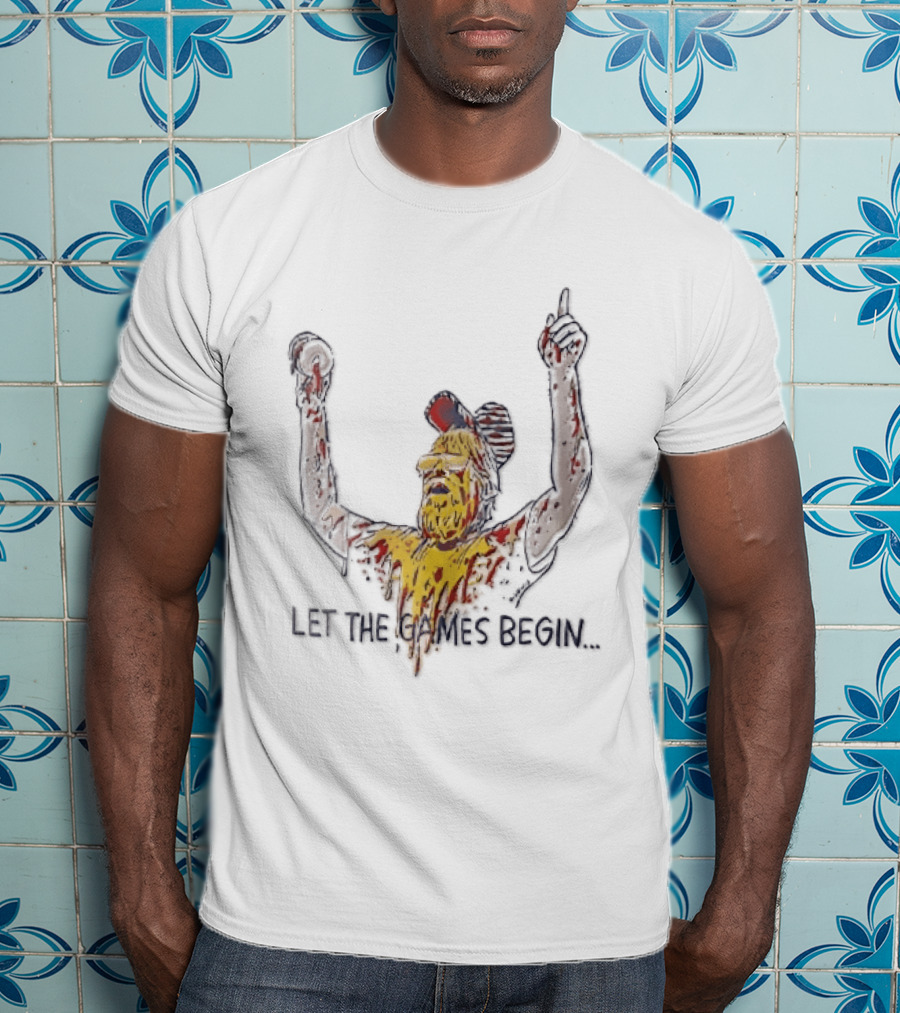 Let The Games Begin Caricature Beard Sunglasses Dripping Mustard Ketchup Line Arms Raised T-Shirt