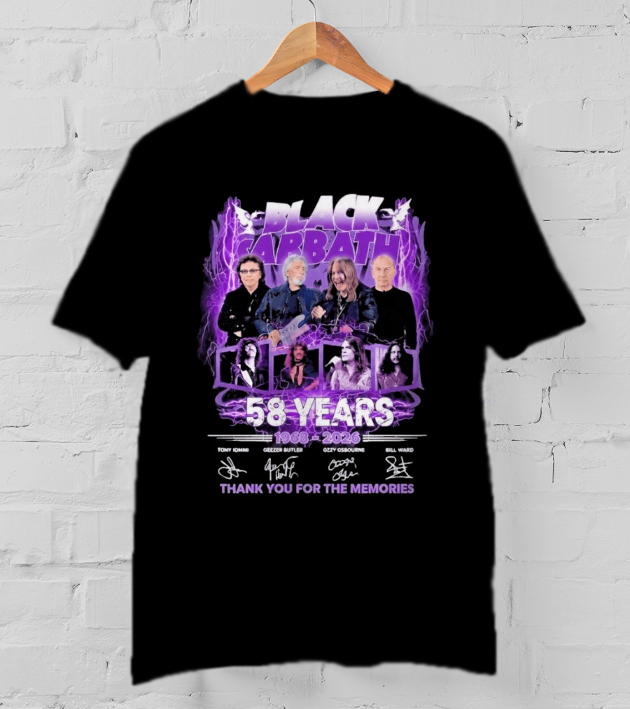 Black Sabbath 58 Years 1968 2026 Tony Iommi Geezer Butler Ozzy Osbourne Bill Ward Thank You For The Memories T-Shirt