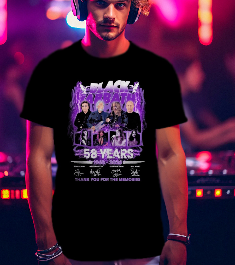 Black Sabbath 58 Years 1968 2026 Tony Iommi Geezer Butler Ozzy Osbourne Bill Ward Thank You For The Memories T-Shirt
