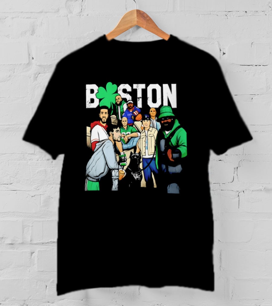 Boston Celtics Patriots Players With Shamrock And Boston T-Shirt