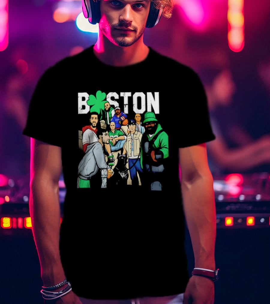 Boston Celtics Patriots Players With Shamrock And Boston T-Shirt