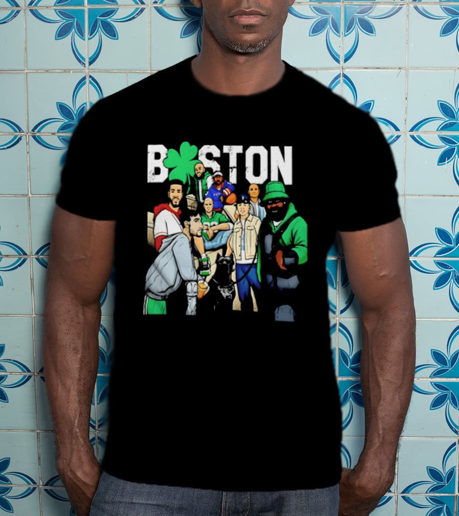 Boston Celtics Patriots Players With Shamrock And Boston T-Shirt