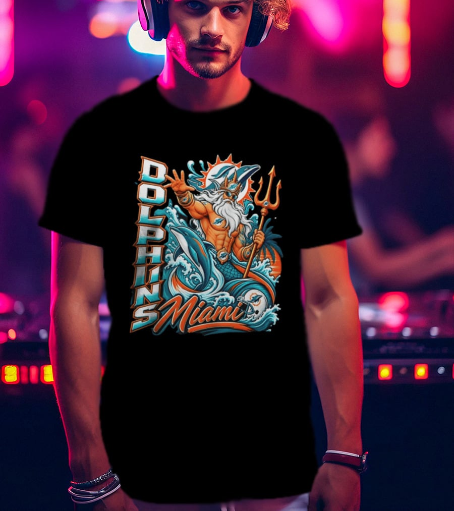Miami Dolphins King Triton Ocean Waves Trident Dolphins T-Shirt
