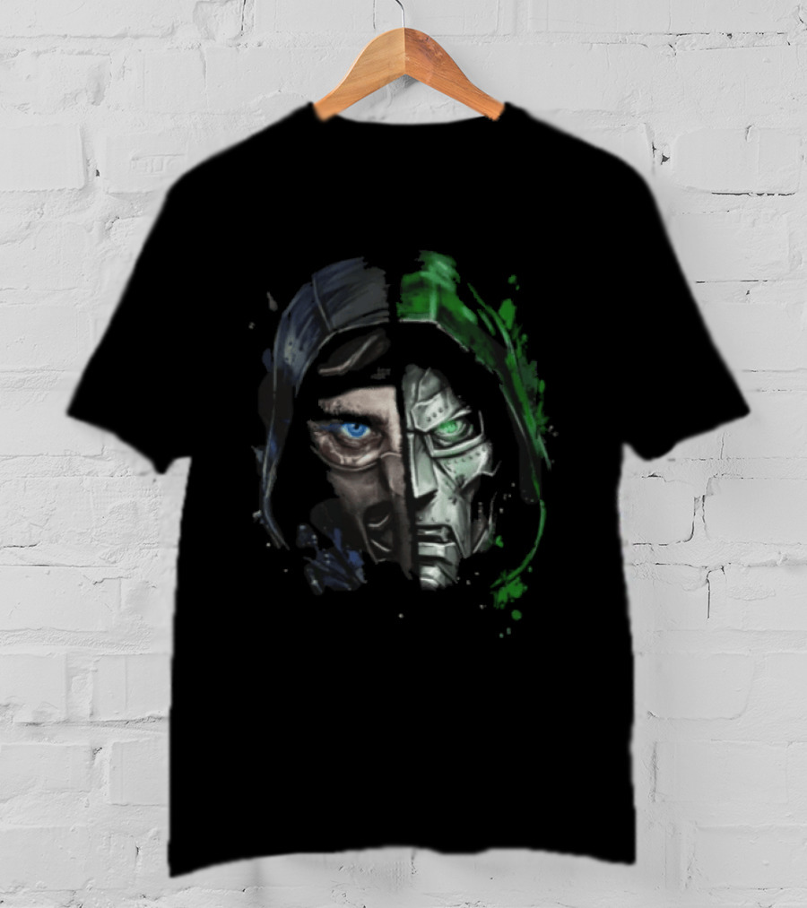 Doctor Doom Sub Zero Split Face Hooded Mask Paint Splatter T-Shirt