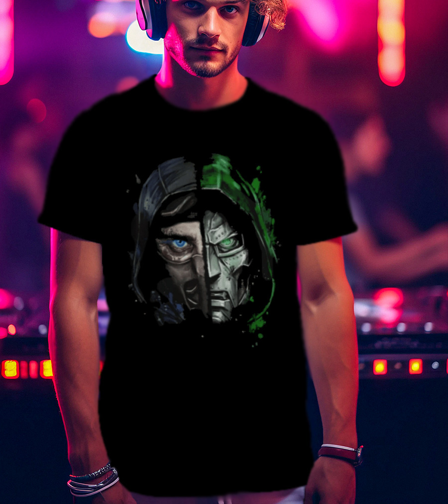 Doctor Doom Sub Zero Split Face Hooded Mask Paint Splatter T-Shirt