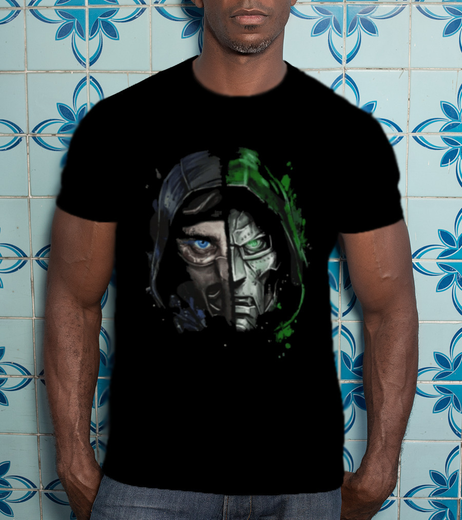 Doctor Doom Sub Zero Split Face Hooded Mask Paint Splatter T-Shirt