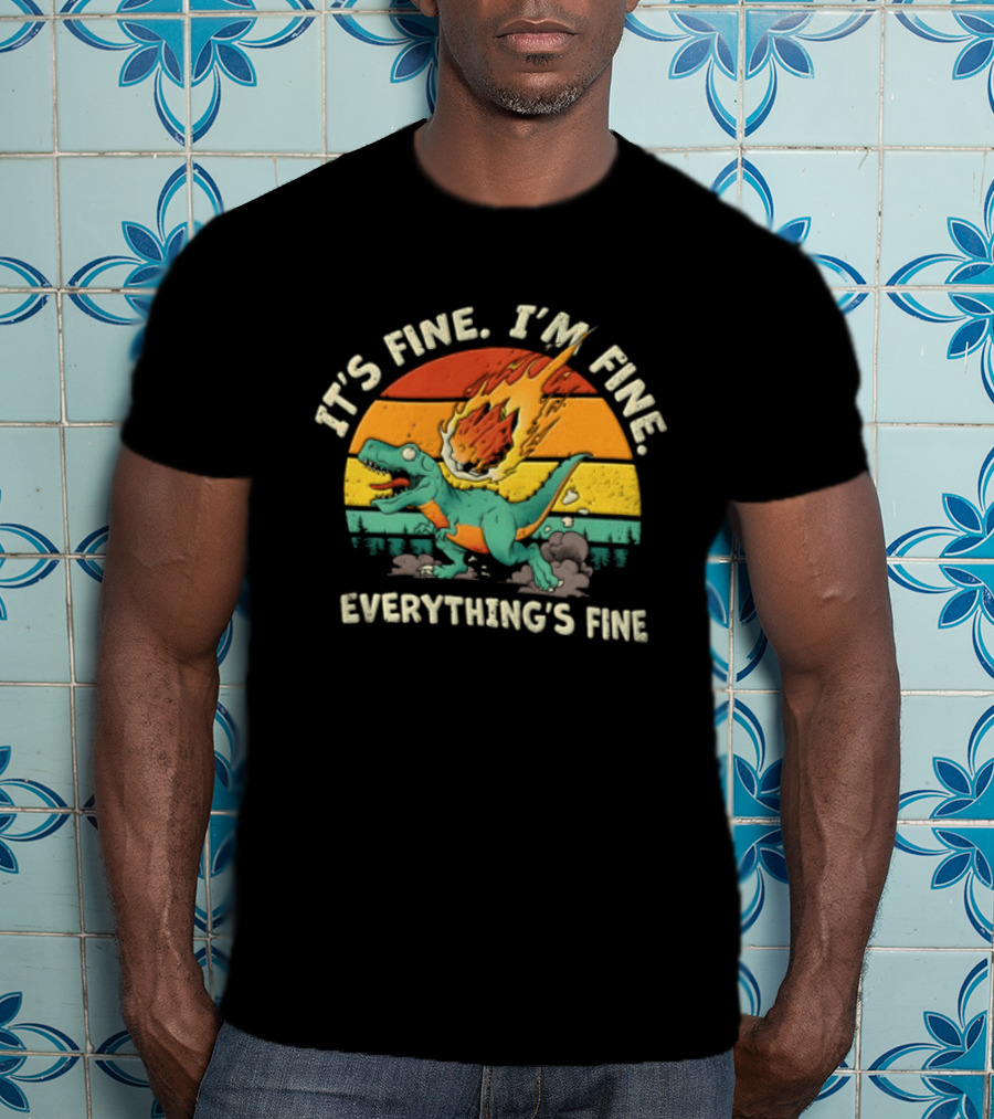 It's Fine I'm Fine Everything's Fine Cartoon Rex Running Meteor Sunset T-Shirt