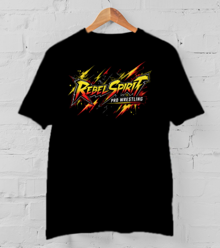 Rebel Spirit Pro Wrestling Spiky Lettering Paint Splatter Grunge Yellow Red Burst T-Shirt