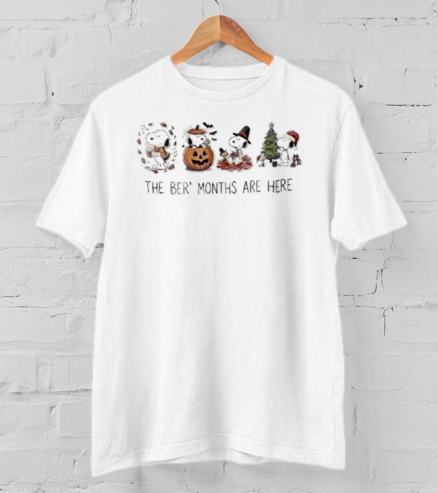 The Ber Months Are Here Snoopy Woodstock Pumpkin Halloween Thanksgiving Christmas Tree Seasons T-Shirt