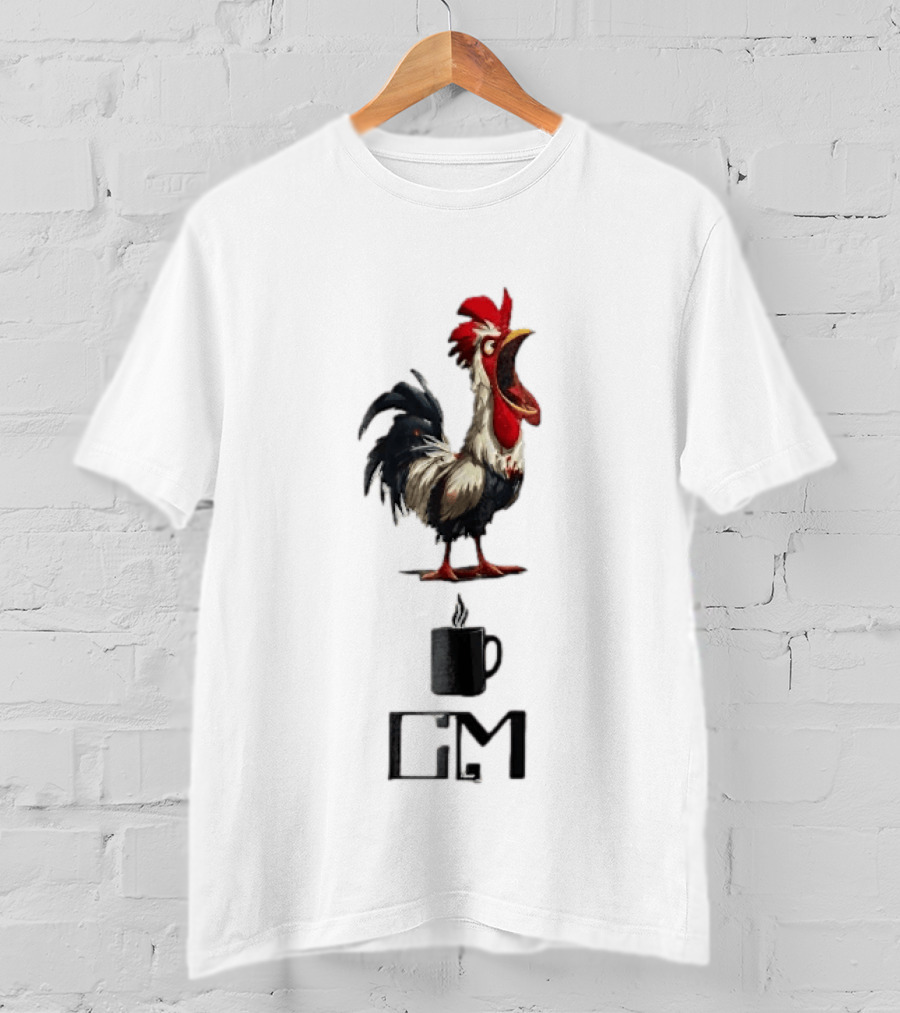 GM Cartoon Crowing Rooster Steaming Black Coffee T-Shirt