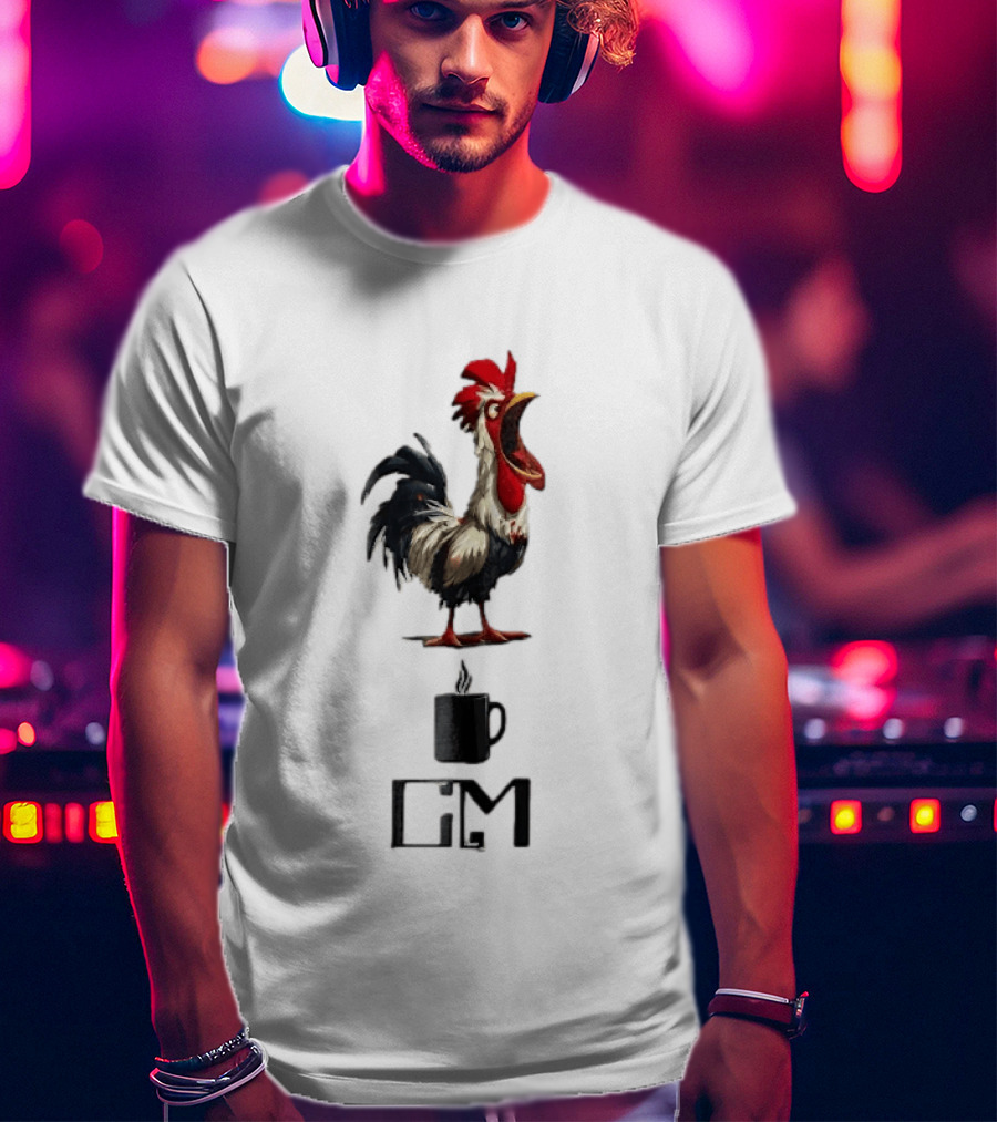GM Cartoon Crowing Rooster Steaming Black Coffee T-Shirt