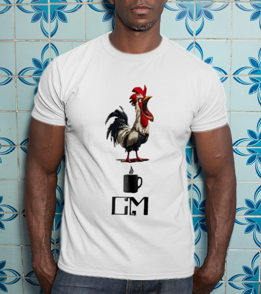 GM Cartoon Crowing Rooster Steaming Black Coffee T-Shirt