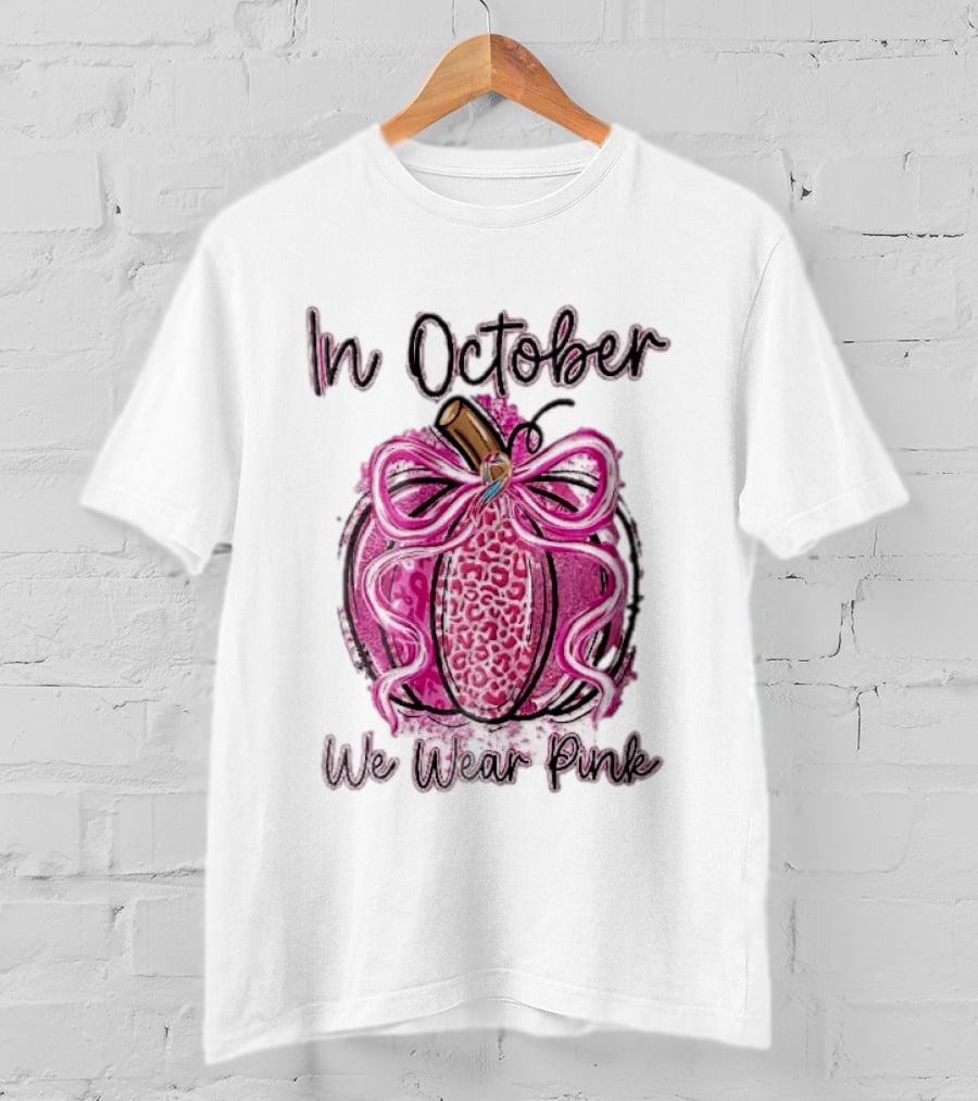 In October We Wear Pink Leopard Pumpkin Breast Cancer Ribbon Bow T-Shirt