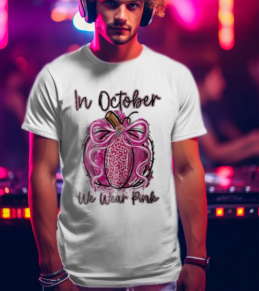 In October We Wear Pink Leopard Pumpkin Breast Cancer Ribbon Bow T-Shirt