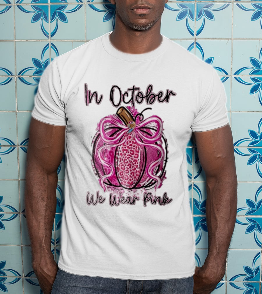 In October We Wear Pink Leopard Pumpkin Breast Cancer Ribbon Bow T-Shirt