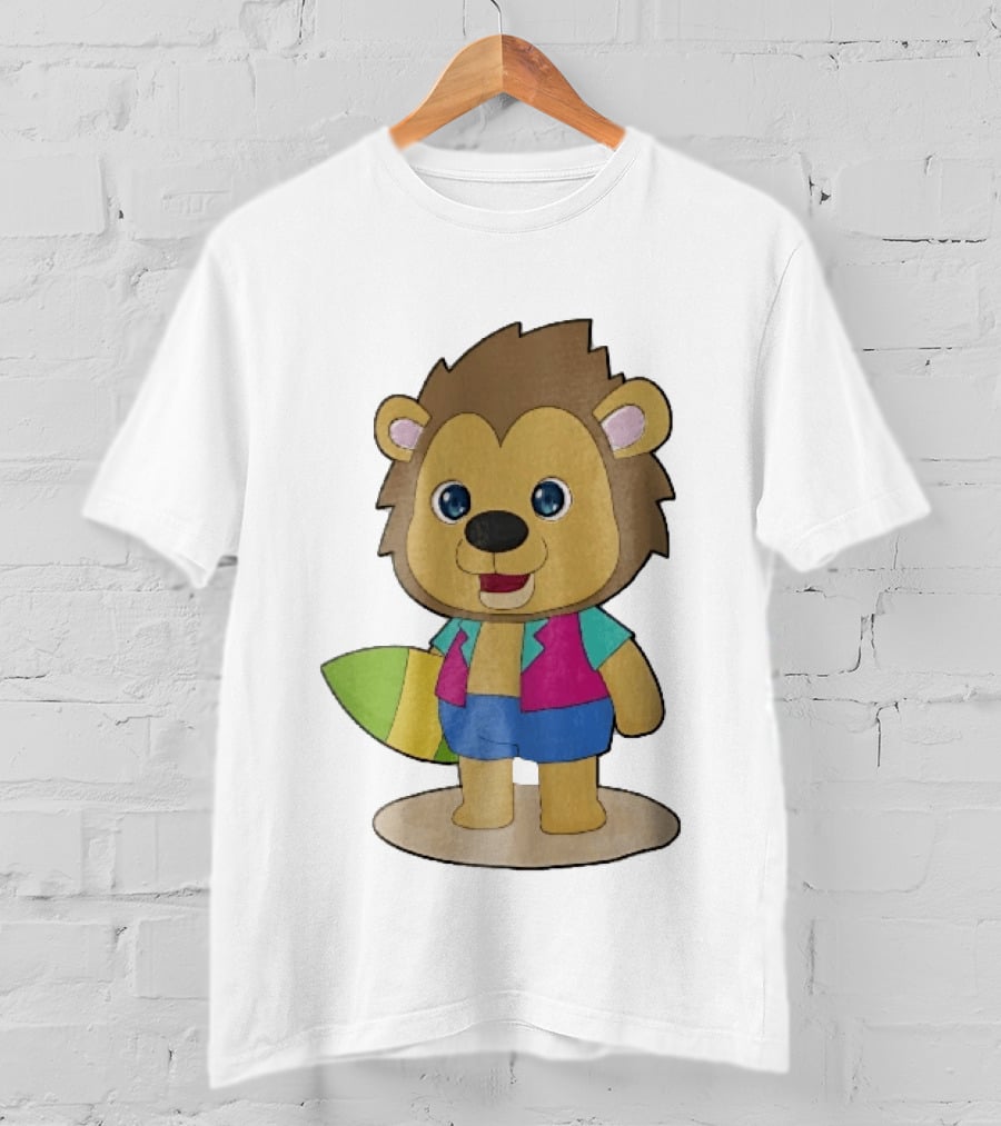 Lion Summer Surfing Adventure Cartoon T-Shirt