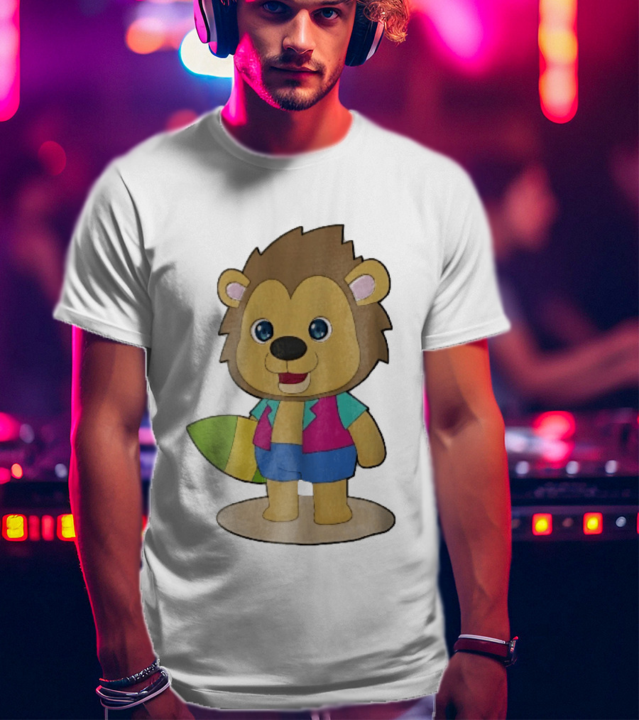 Lion Summer Surfing Adventure Cartoon T-Shirt