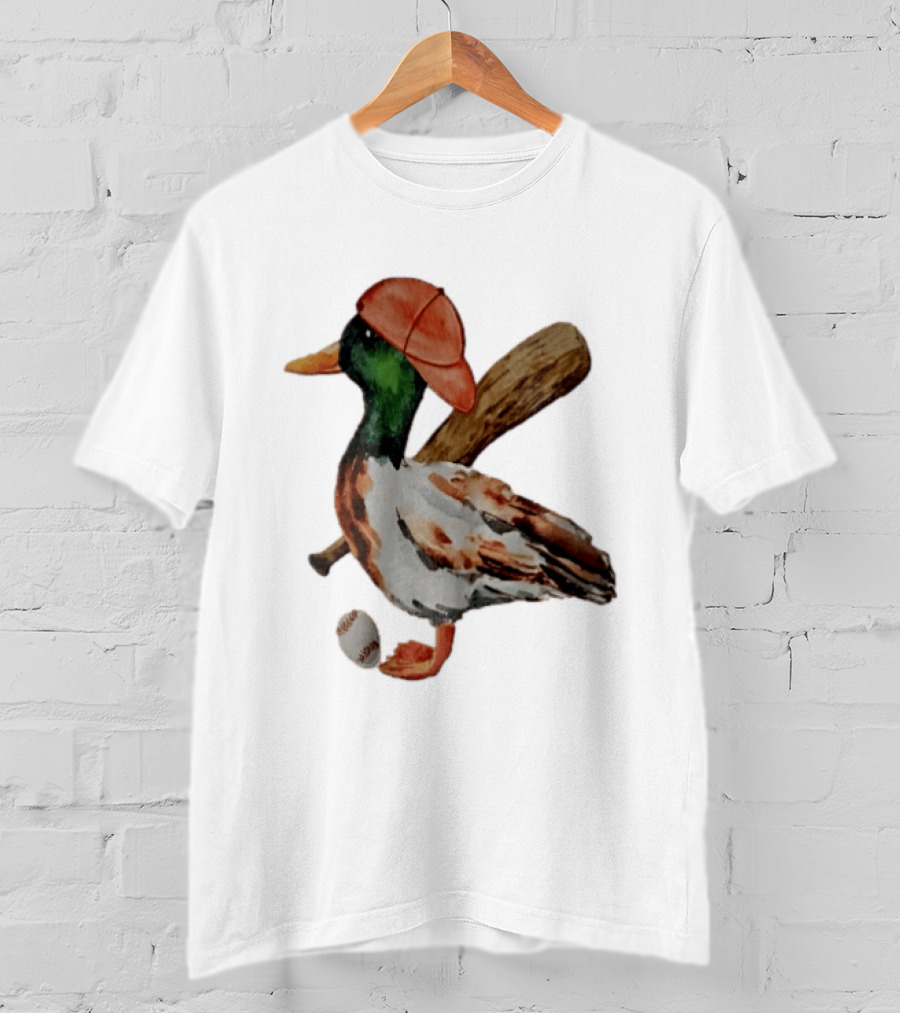 Mallard Duck Baseball Player Red Cap Wooden Bat Watercolor Mallard T-Shirt