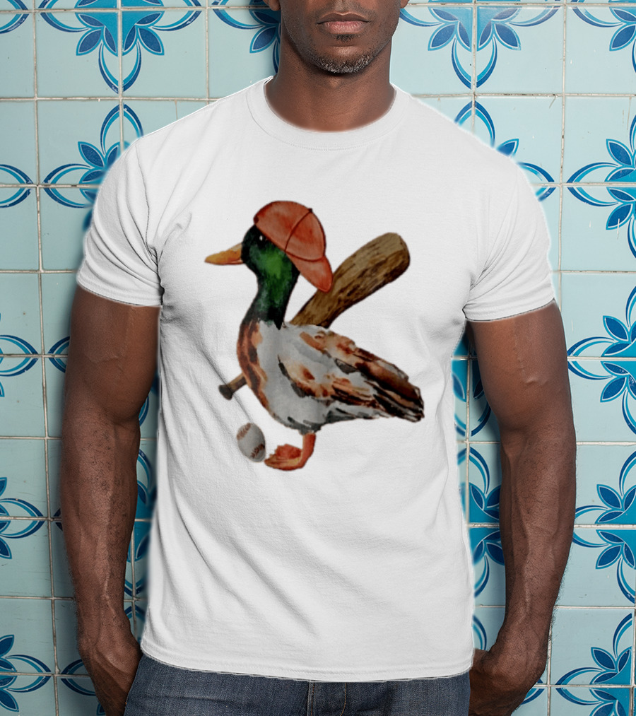 Mallard Duck Baseball Player Red Cap Wooden Bat Watercolor Mallard T-Shirt