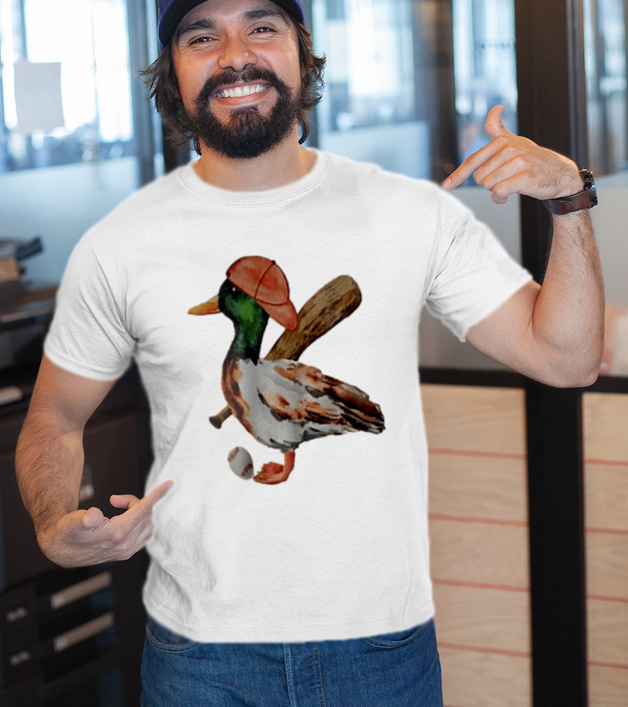 Mallard Duck Baseball Player Red Cap Wooden Bat Watercolor Mallard T-Shirt