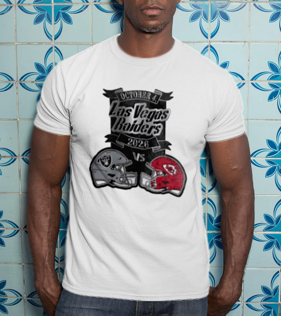 Las Vegas Raiders Vs 2026 October 4 Red Silver Opposing Football Helmets T-Shirt