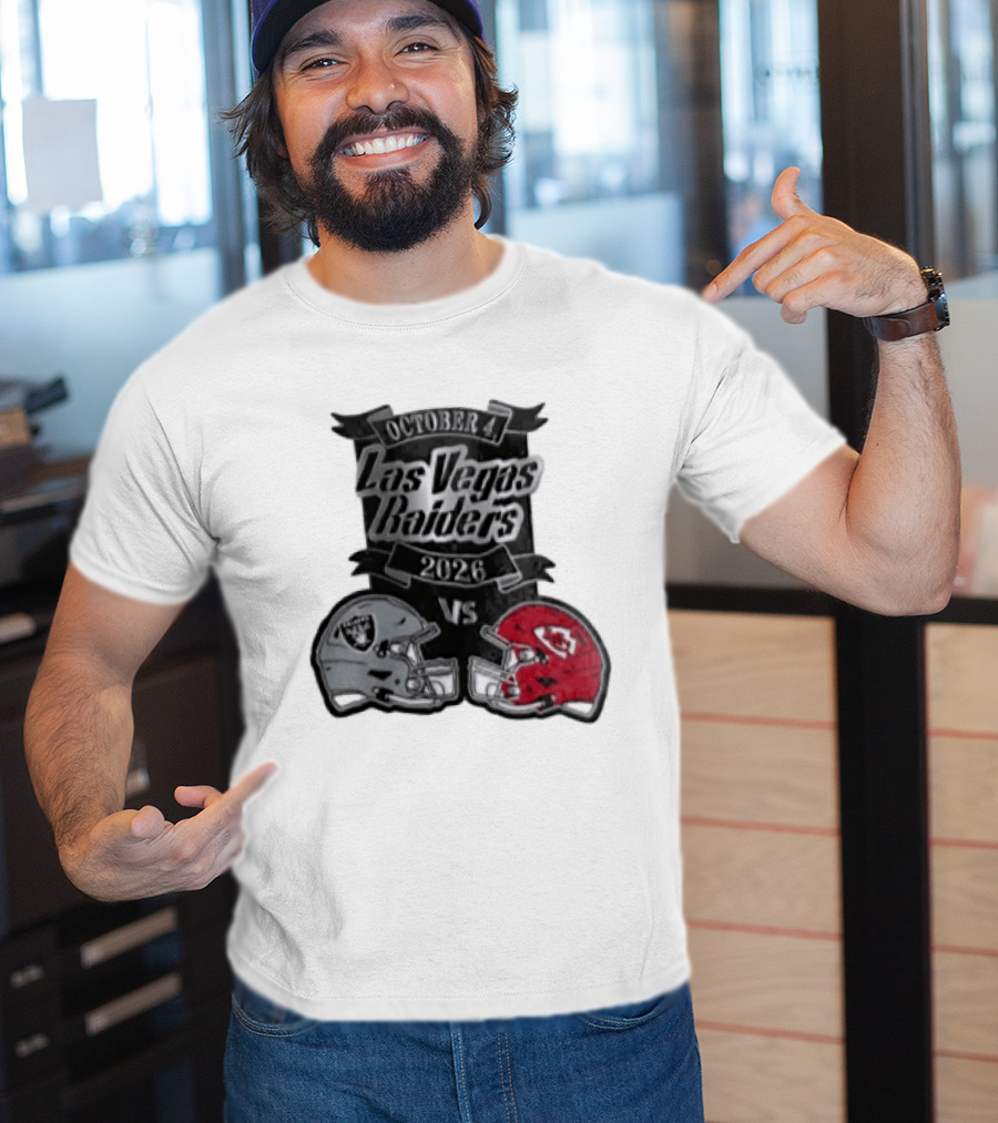 Las Vegas Raiders Vs 2026 October 4 Red Silver Opposing Football Helmets T-Shirt