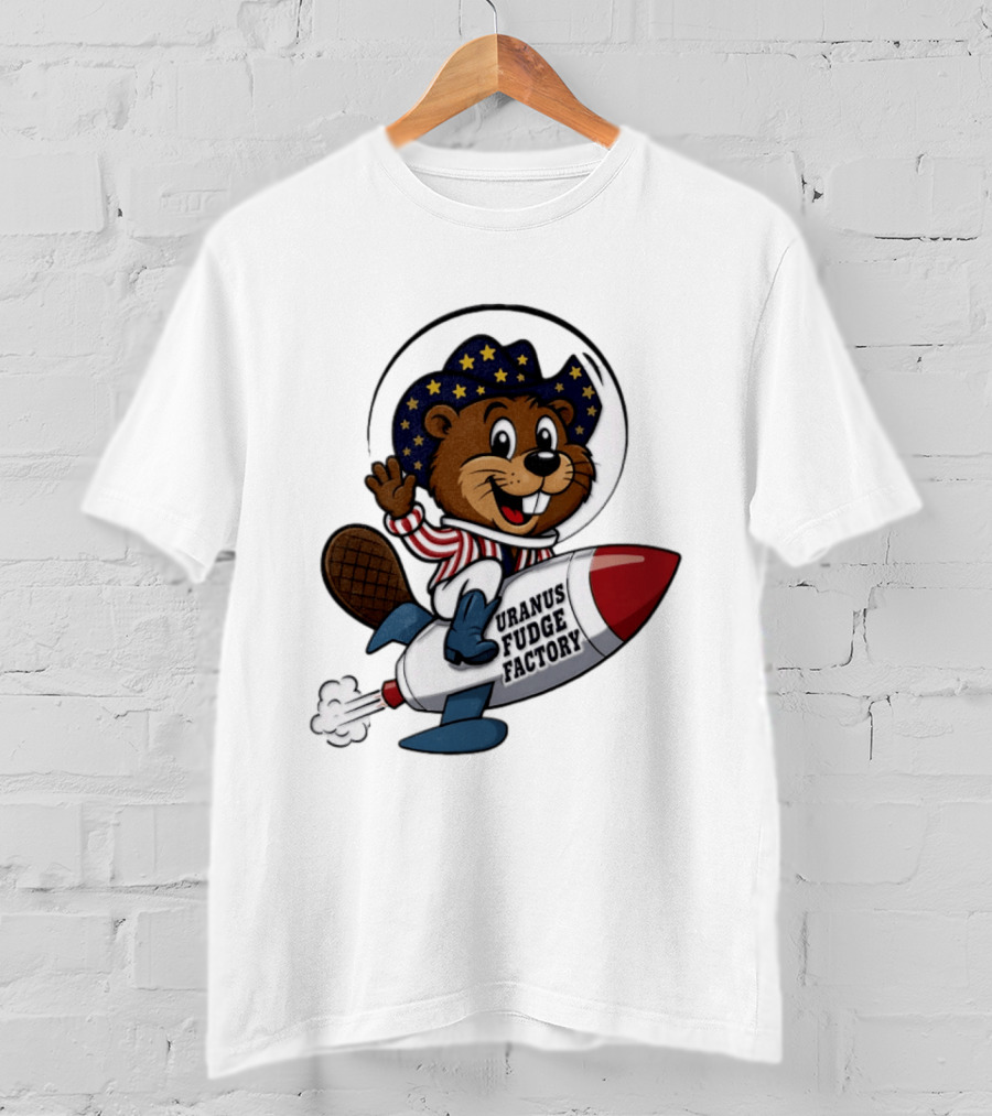 Uranus Fudge Factory Patriotic Beaver Riding Rocket T-Shirt