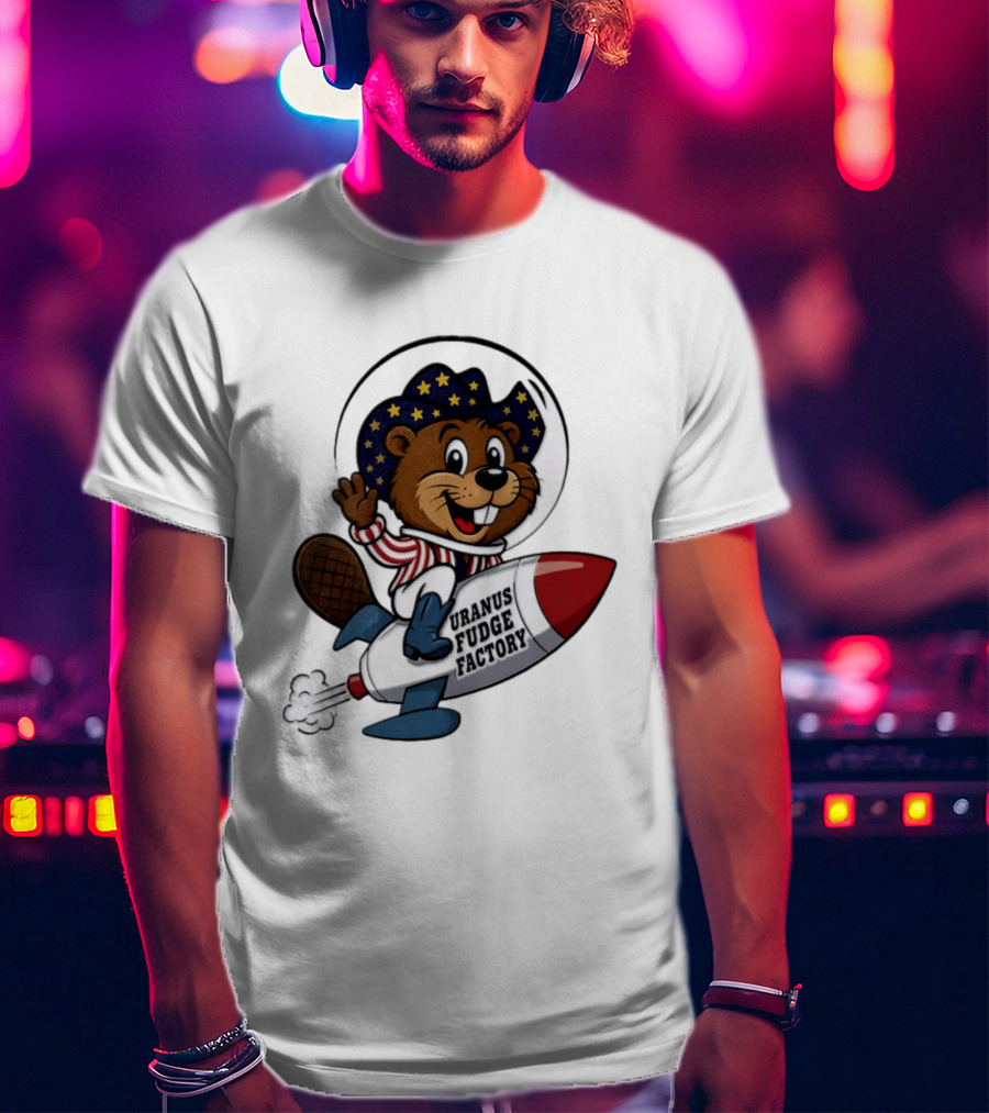 Uranus Fudge Factory Patriotic Beaver Riding Rocket T-Shirt