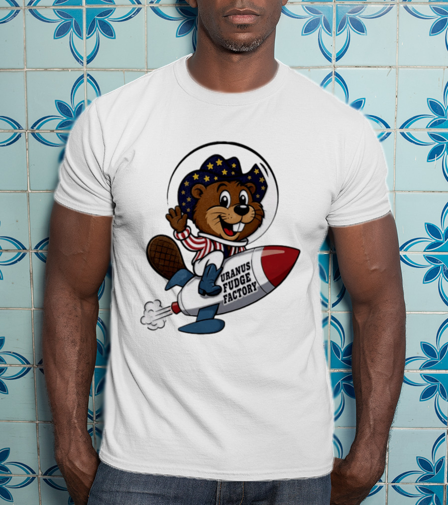 Uranus Fudge Factory Patriotic Beaver Riding Rocket T-Shirt