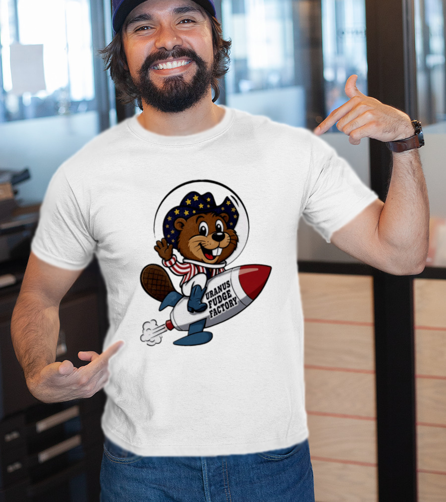 Uranus Fudge Factory Patriotic Beaver Riding Rocket T-Shirt