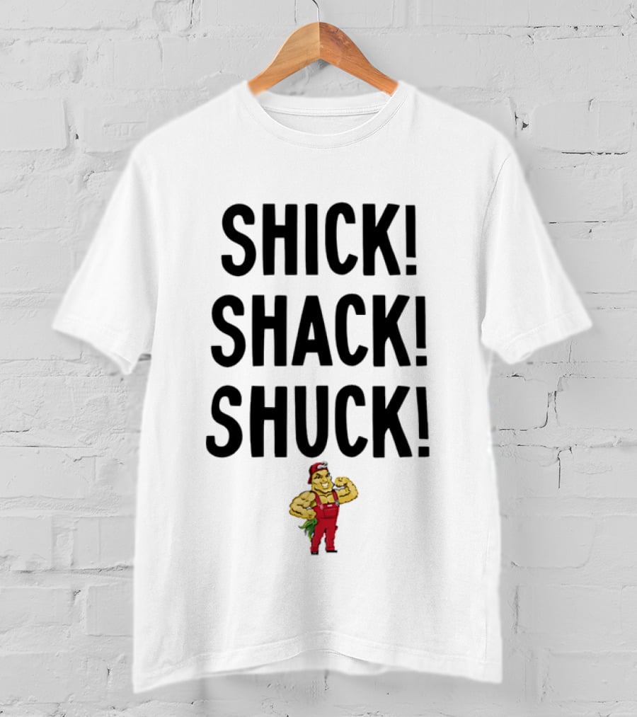 SHICK SHACK SHUCK Strongman Red Overalls Cartoon T-Shirt