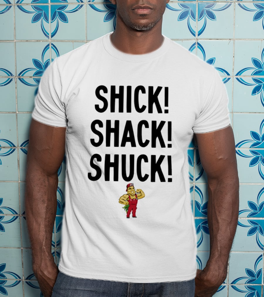 SHICK SHACK SHUCK Strongman Red Overalls Cartoon T-Shirt