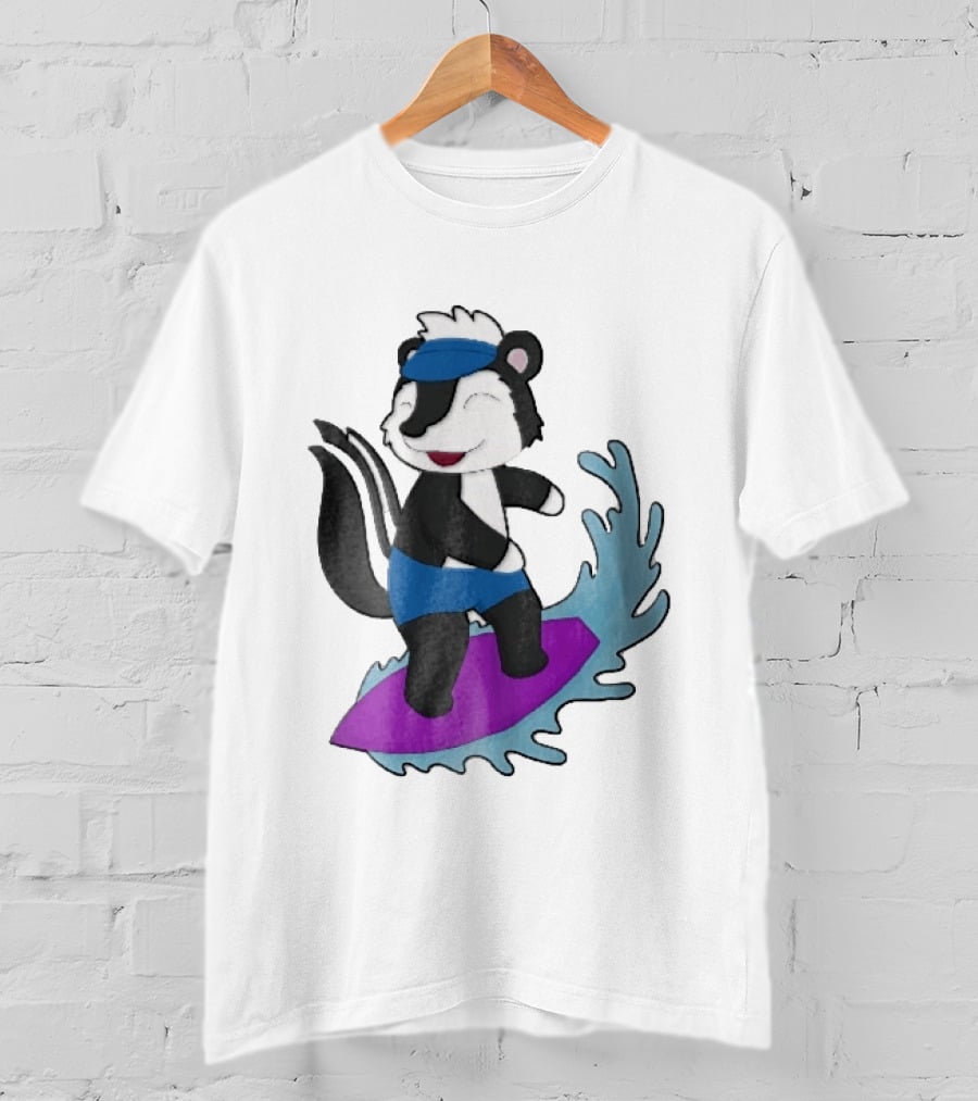 Skunk Surfing Cartoon On Purple Surfboard With Blue Waves And Summer Vibes T-Shirt
